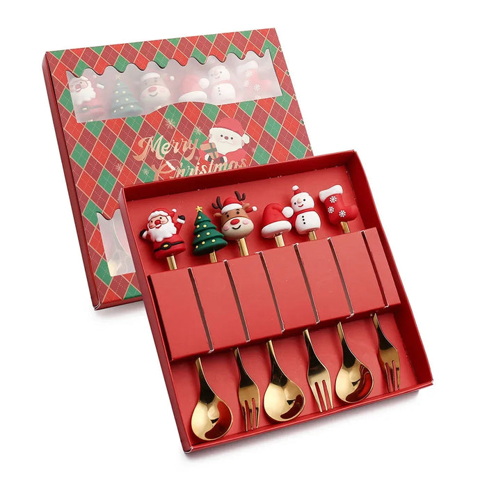 Christmas Cutlery Set 4 / 6 Piece Elk Tree Snowman Design Spoons Forks Tableware Gift