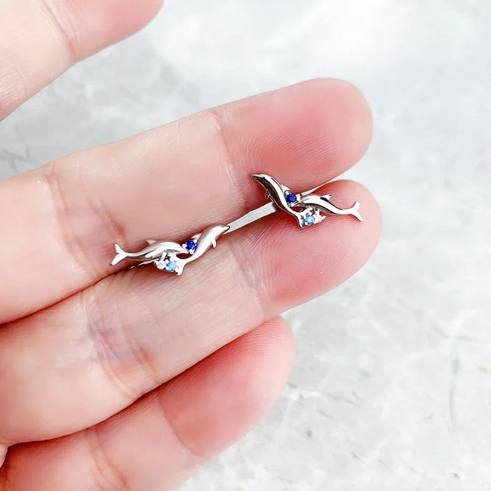 925 Sterling Silver Blue Stone Dolphin Ear Climbers