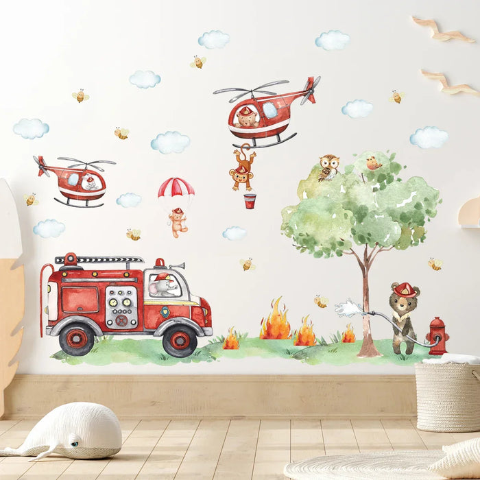 Adorable Animal Fire Truck Wall Decals For Kids Room