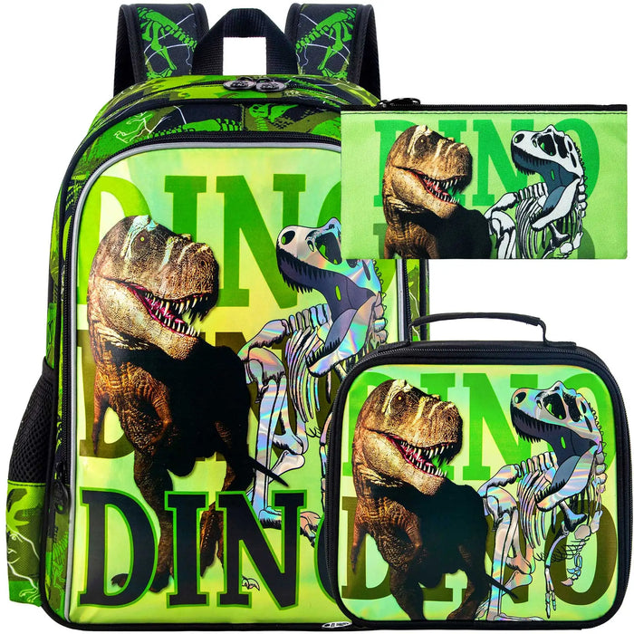 3 Piece Dinosaur Backpack Set For Boys 16 Inch Water Resistant Preschool Bookbag