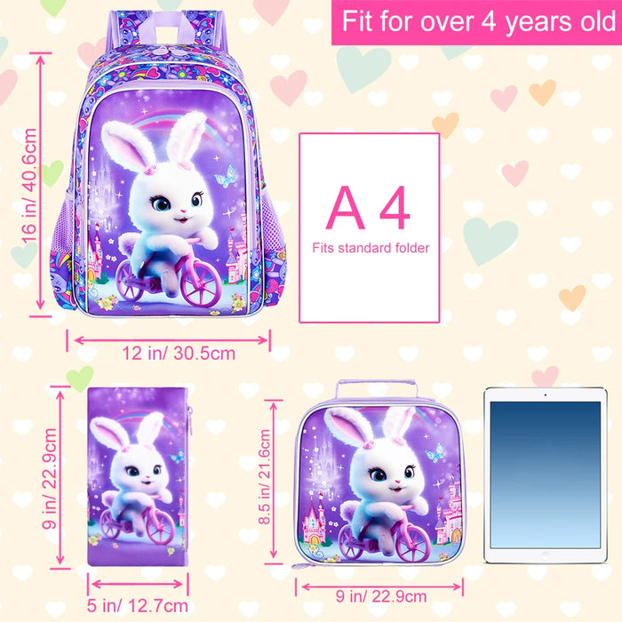 3 Piece Girls Backpack Set 16 Inch Rabbit Design For Elementary School