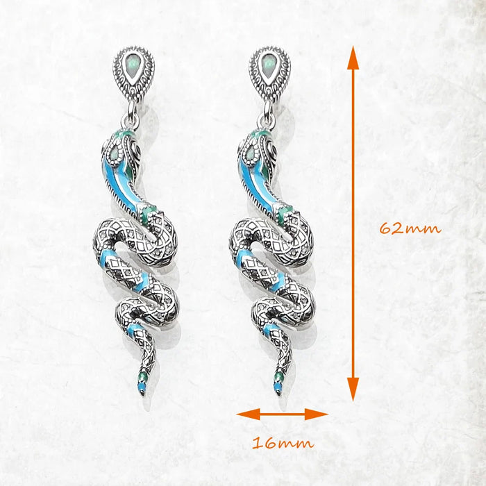 925 Sterling Silver Blue Snake Drop Earrings Handcrafted Bohemian Style Jewelry For Women
