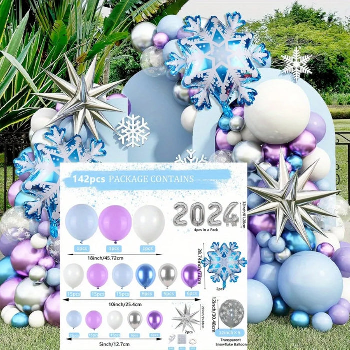 142Pcs New Year 2024 Ice And Snow Balloon Arch Garland Set Winter Frozen Purple Latex Balloon Birthday Party Balloon Decoration