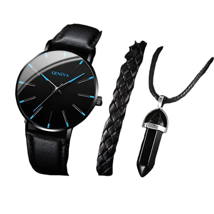 3 Piece Mens Business Watch Set Leather Band