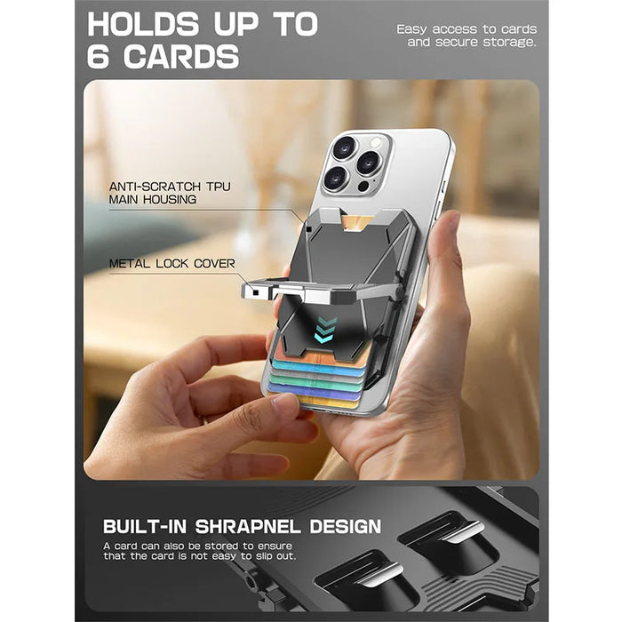 For Iphone 16 / 15 / 14 / 13 Magsafe Phone Card Holder With Stand Metal Lock Cover Hold 6 Cards