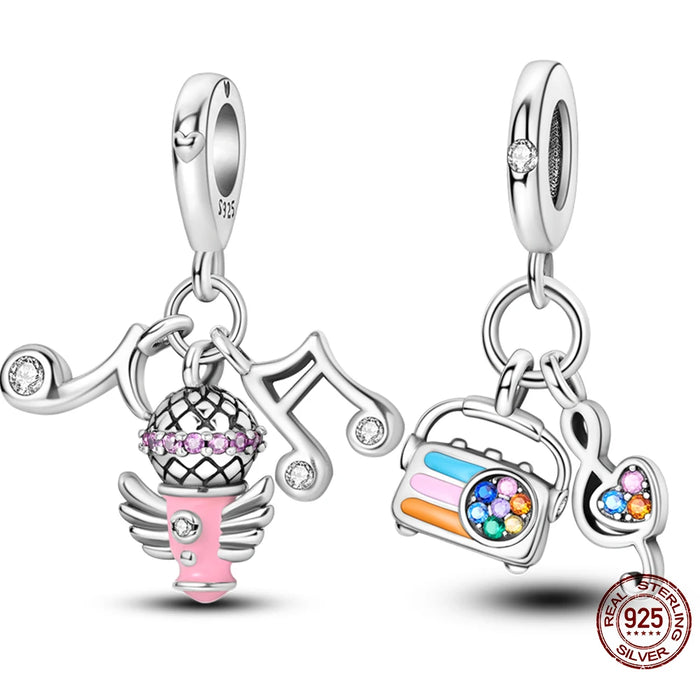925 Sterling Silver Music Note Microphone Charm Fits Bracelet Diy Gift For Women