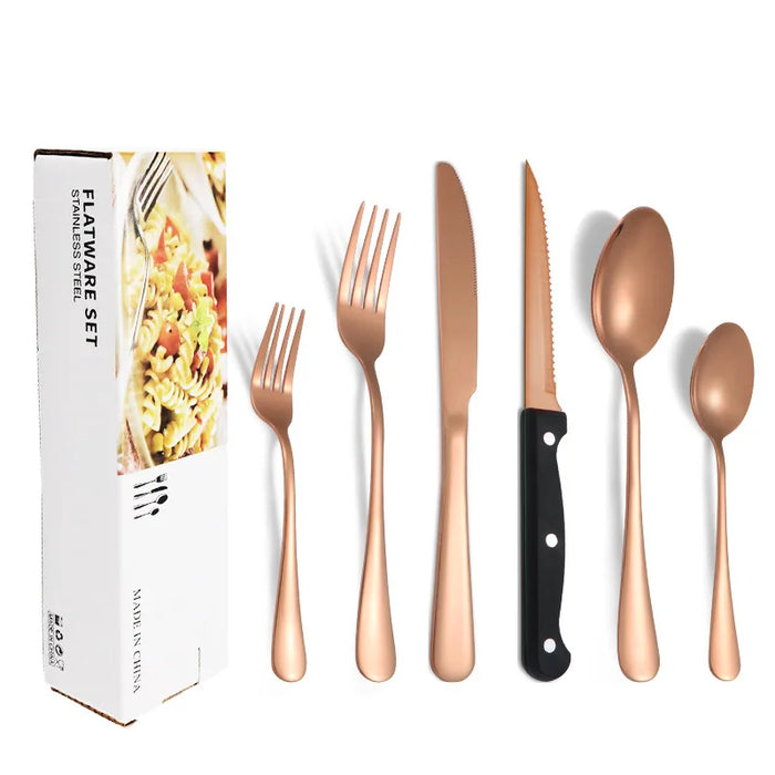 24 Piece Stainless Steel Tableware Set With Steak Knives & Dessert Spoons In Colour Box Packaging