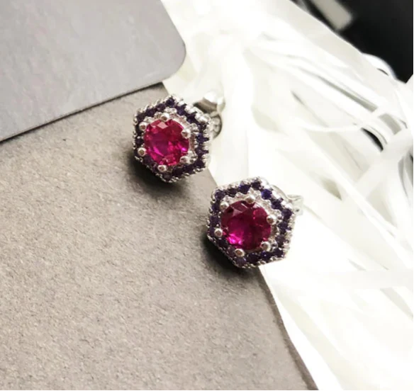 925 Sterling Silver Red Hexagon Stud Earrings Handcrafted Boho Gift