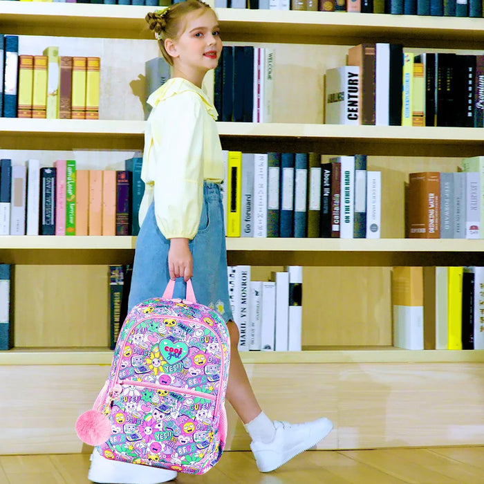 3 Piece Girls Backpack Set With Lunch Box 16.5 Inch Smile Face Waterproof