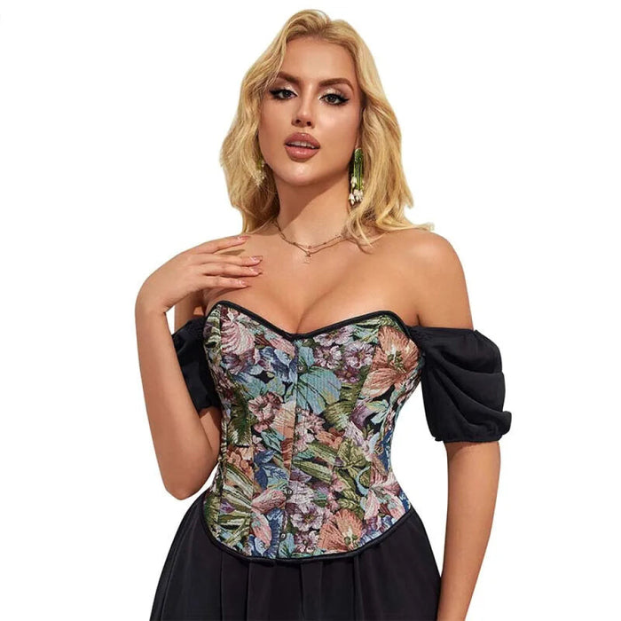 Floral Print Overbust Corset Monet Garden Style Lace Up Slimming Shapers