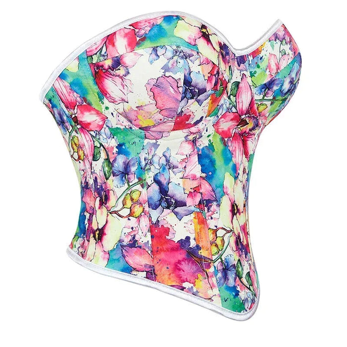 Floral Print Lace Bustier Plus Size S-Xxl Strapless Corset With Boning And Lace-Up Closure