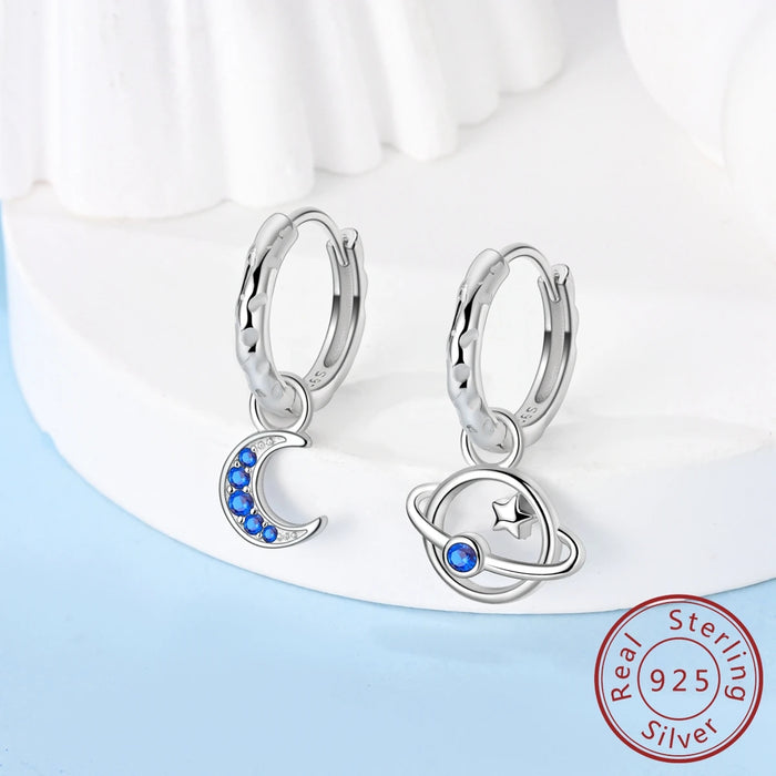 925 Sterling Silver Planet Moon Lava Earrings Zircon Love Lock Hoop For Women