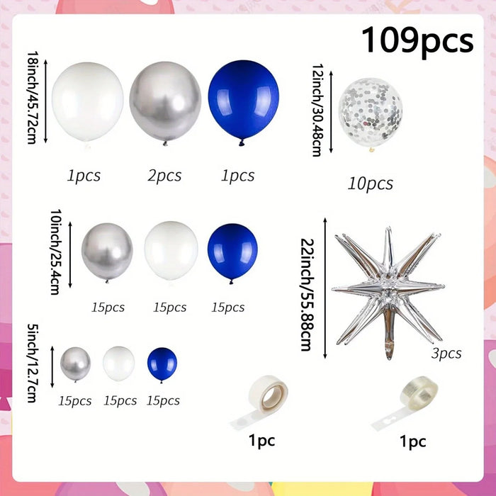 109Pcs Royal Blue And Silver Balloon Arch Set Garland Set Starburst Balloon For Anniversary Birthday Retirement Party Decoration