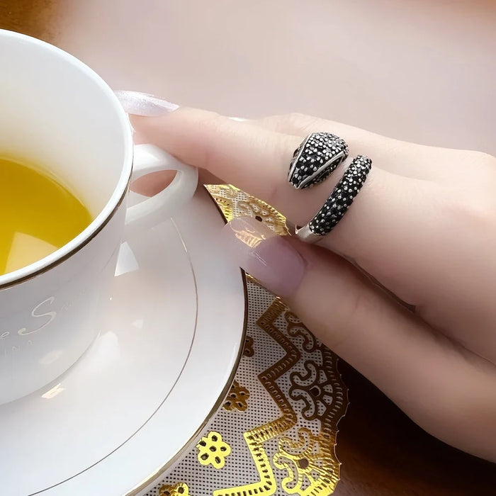 925 Sterling Silver Stylish Open End Black Snake Ring For Women