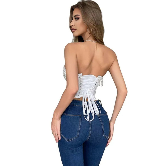 Adjustable Plus Size Satin Bridal Bustier With Pearl Tassel White Overbust Corset For Wedding S-Xxl