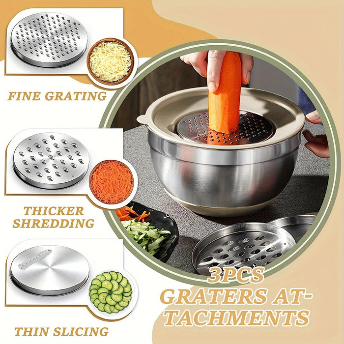 Steel Mixing Bowls With Airtight Lids & Grater Attachments