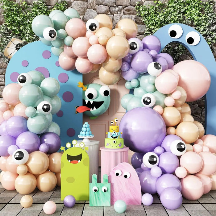 Neon Rainbow Balloon Arch Set Featuring Hot Pink Sky Blue And Yellow Balloon Garlands Perfect For Summer Tropical Barbecue Party