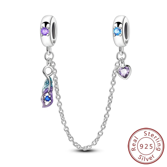 925 Sterling Silver Blue Purple Feather Safety Chain For Women Bracelet