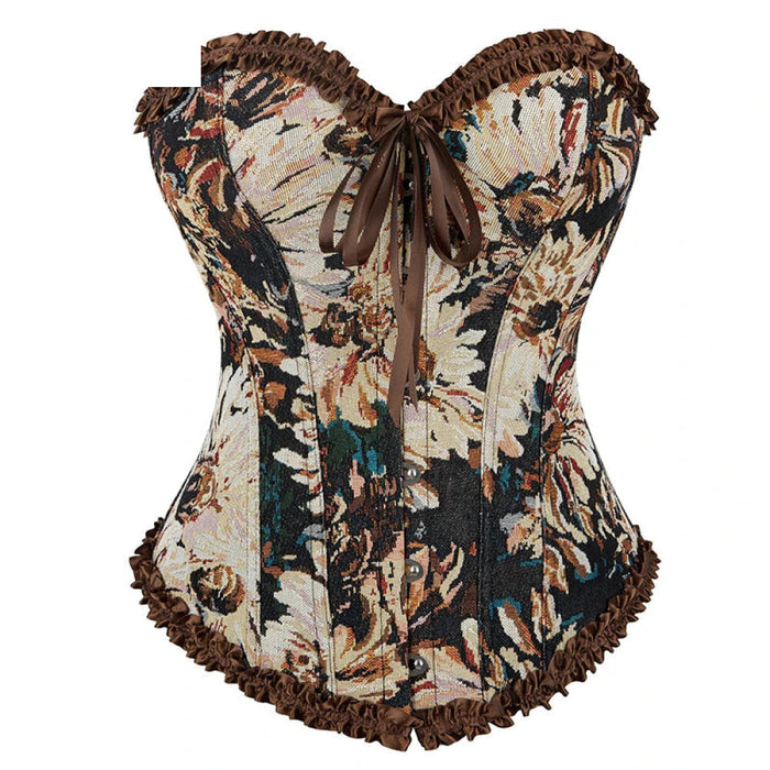 Brown Ruffled Lace-Up Boned Corset Retro Renaissance Victorian Style
