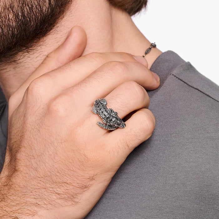 925 Sterling Silver Blackened Crocodile Ring Unisex Jewelry Fine Punk