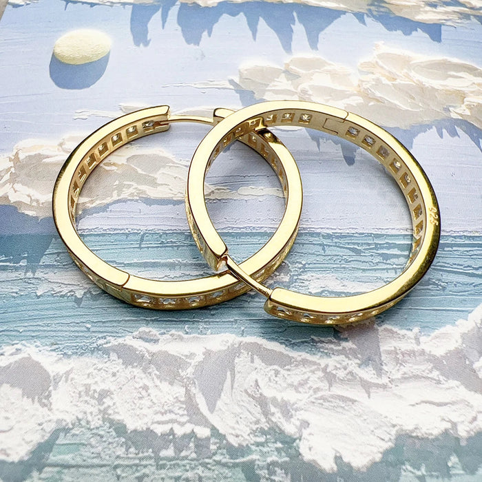 925 Sterling Silver Hinged Hoop Earrings With Zircon Stones Classic European Style For Women