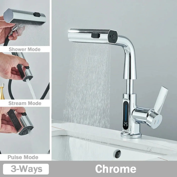 3 Way Digital Basin Faucet with Pull Out Sprayer