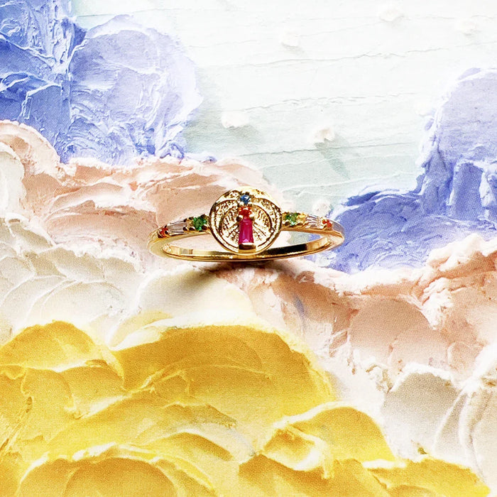 925 Sterling Silver Colourful Palm Tree Ring Boho