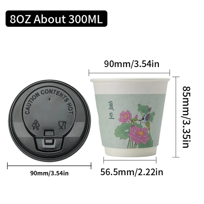 16 / 32 Piece Insulated Floral Paper Cups With Lids 8 / 12Oz