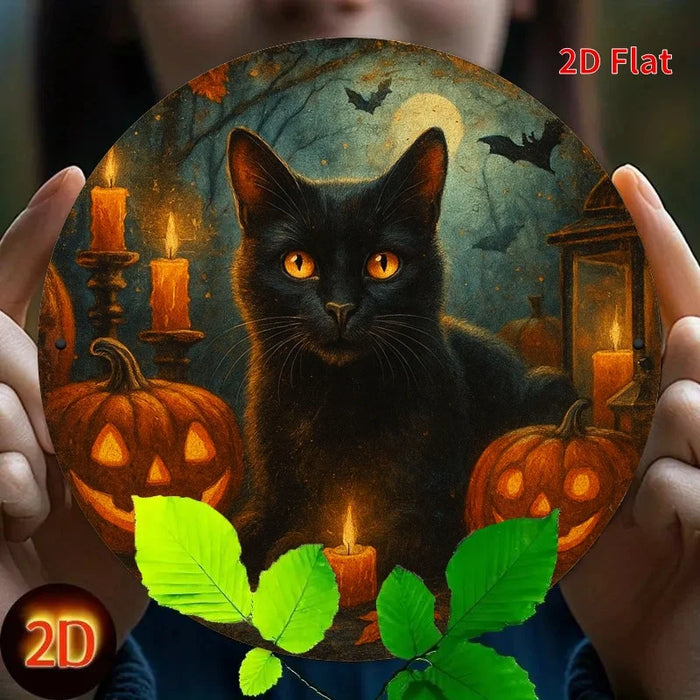 Retro Round Iron Sign Spooky Black Cat & Pumpkin Lantern For Bedroom Or Dining Room