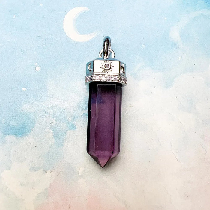 925 Sterling Silver Imitation Amethyst Crystal Pillar Pendant Cosmic Talisman For Women