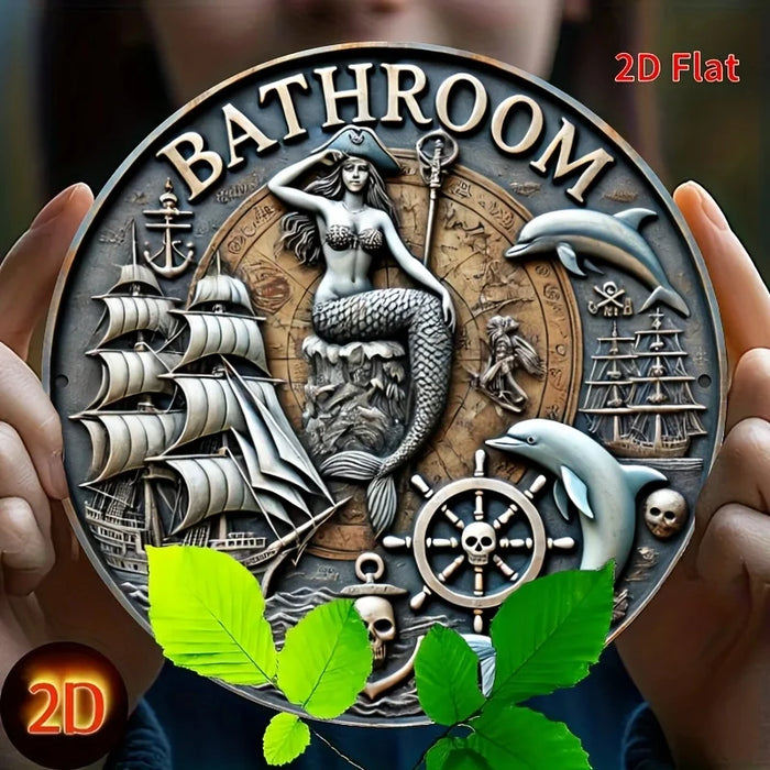 Vintage Mermaid Pirate Bathroom Sign Round Aluminum Wall Art