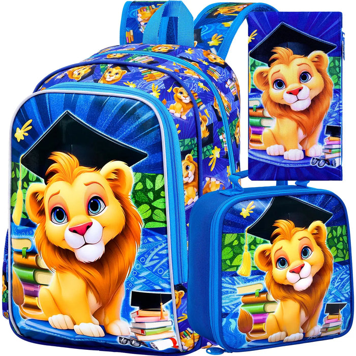 3 Piece Lion Backpack Set For Boys 16 Inch Bookbag Lunch Box Elementary School