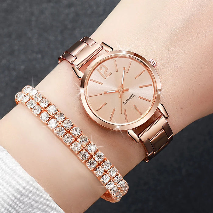 6 Piece Fashion Steel Band Quartz Watch Set Diamond Bracelets - Without Box