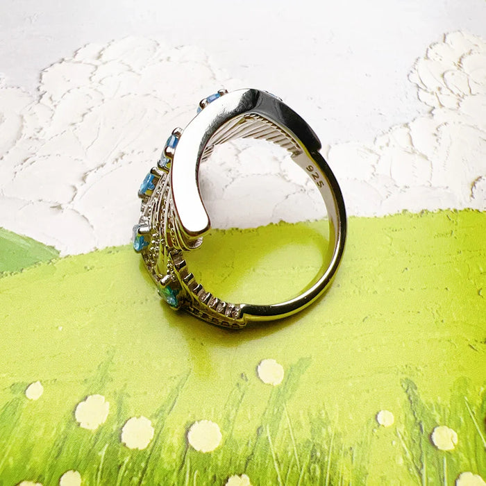 925 Sterling Silver Boho Phoenix Wing Ring With Blue Stones For Women