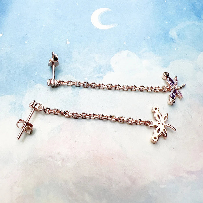 925 Sterling Silver Rose Gold Dragonfly Drop Earrings With Stones