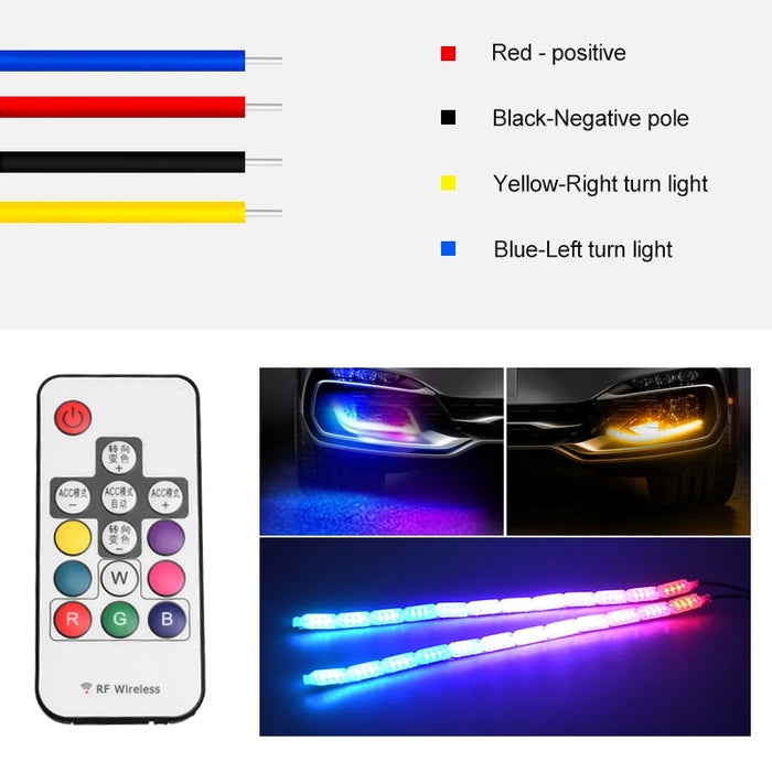 2Pcs Rgb Drl Led Daytime Running Light Strip Remote Control 12V