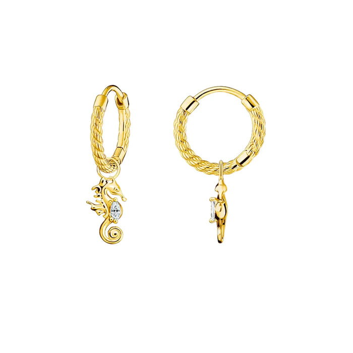 925 Sterling Silver Gold Seahorse Hinged Hoop Earrings
