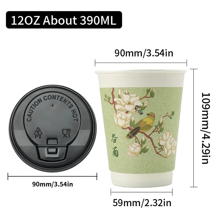 16 / 32 Piece Insulated Floral Paper Cups With Lids 8 / 12Oz