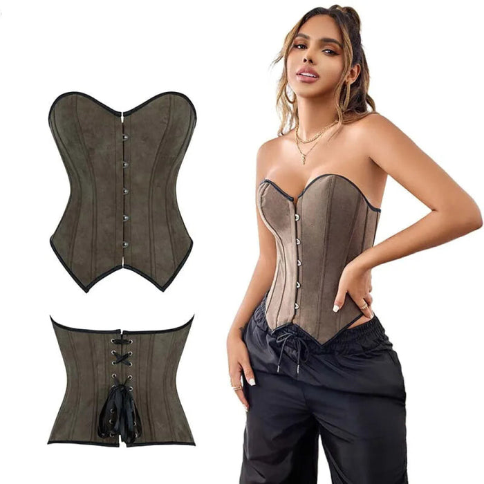 Army Green Steampunk Bustier Front Busk Back Tight Deep V-Neck Strapless Velvet Corset Top