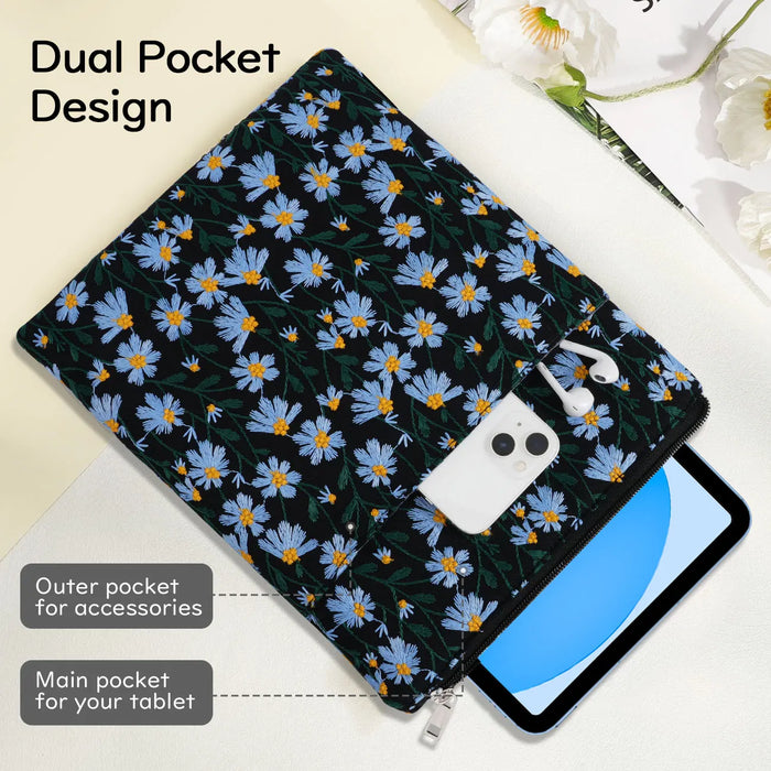 For Ipad A16 11Th Gen 11 Inch / 10Th Gen 10.9 6 Inch Kindle / Kobo 9-11 Inch Embroidered Daisy Padded Carrying Case Protective Tablet Sleeve