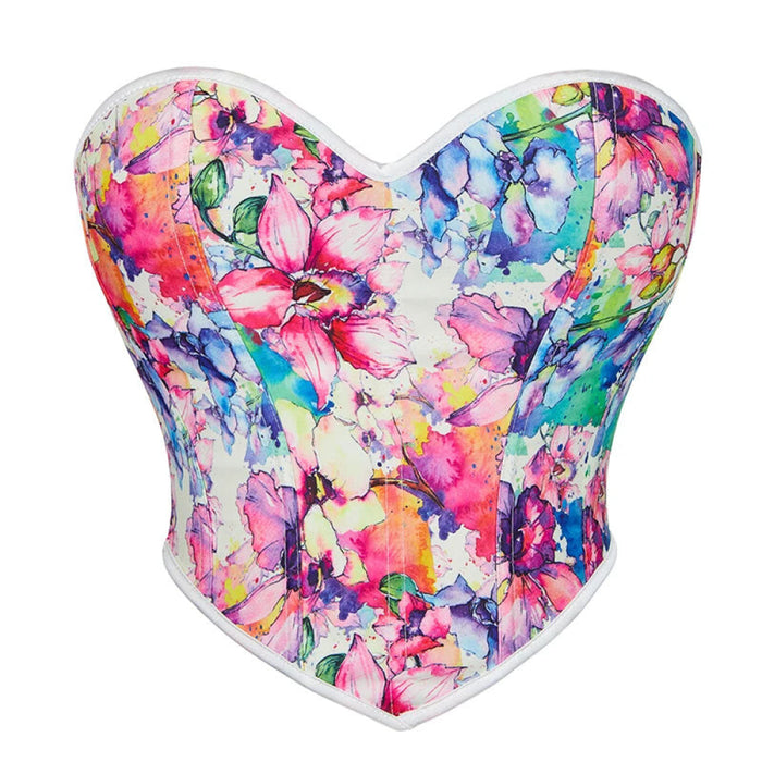 Floral Print Plus Size Corset Top Lotus Flower Pattern Zipper Closure