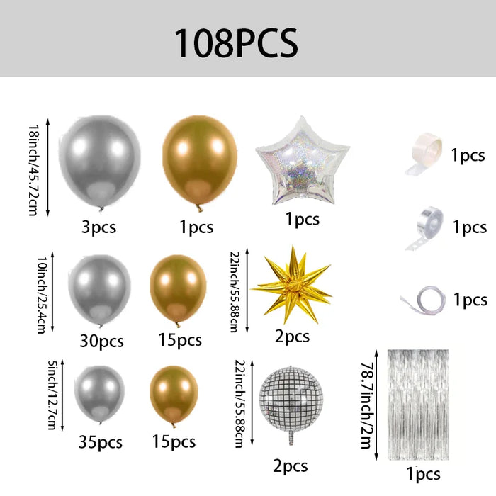 108Pcs Silver And Gold Latex Balloon Metal Balloon Arch Kit For Disco Parties Birthday Parties Graduation Ceremony Decorations