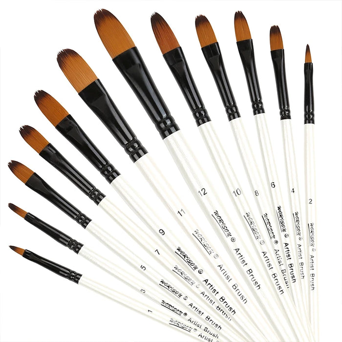 12 Piece Round Filbert Paint Brush Set For Acrylic Oil Watercolour Gouache Synthetic Nylon