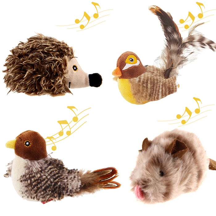 Interactive Cat Feather Toy With Sounds Brown Bird Hedgehog Mouse