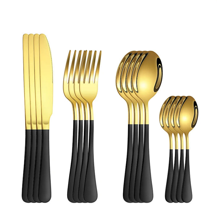 4 / 6 / 16 / 24 Piece Gold & Black Stainless Steel Cutlery Set Round Handle
