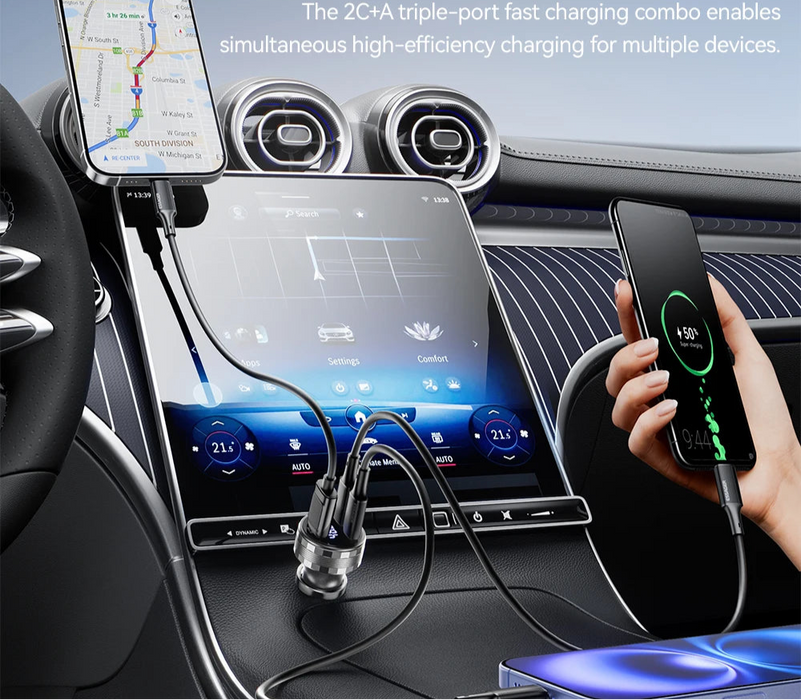 108W 3Ports Usb Car Charger Digital Dispaly Pd3.0 Fast Charging Quick Charge 3.0 Adapter For Iphone 16 15 Xiaomi Samsung