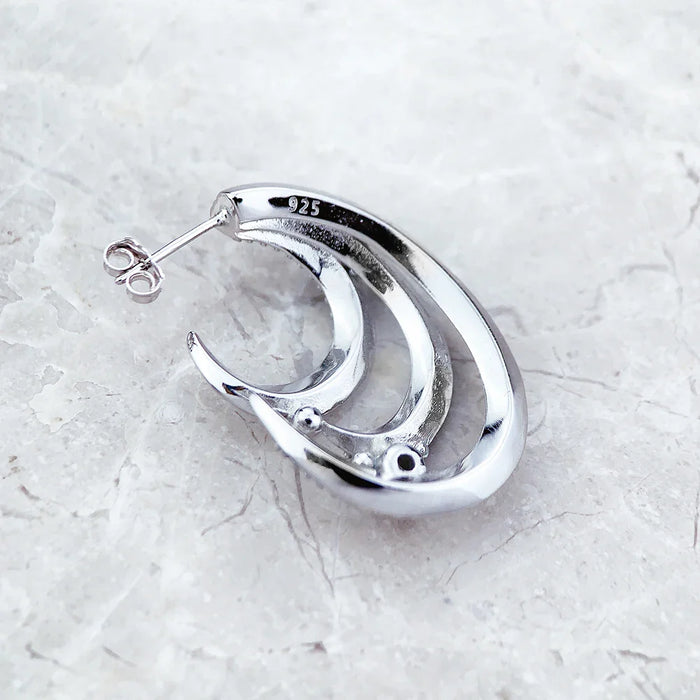 925 Sterling Silver Wave Hoop Earrings With White Stones