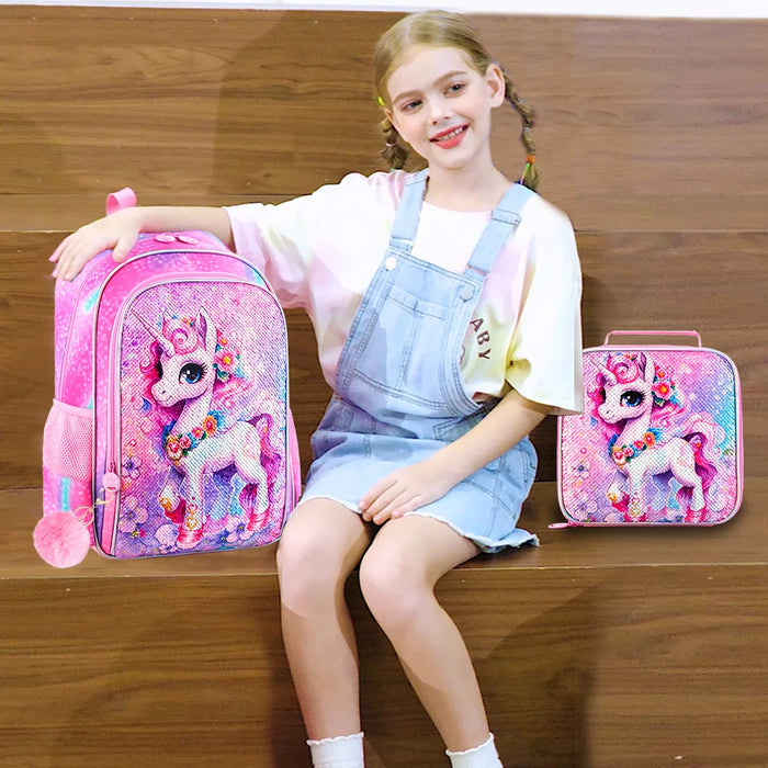 3 Piece Unicorn Backpack Set For Girls 16 Inch Sequin Bookbag Lunch Box Preschool To Elementary