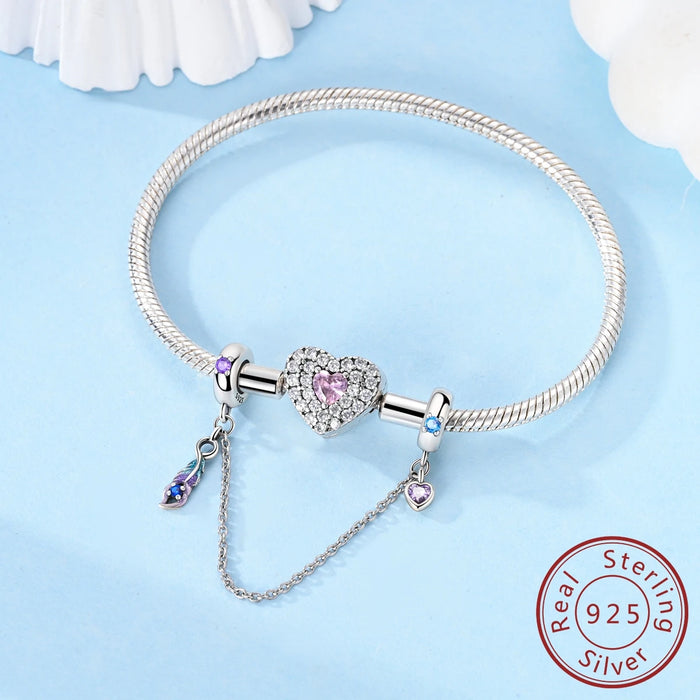 925 Sterling Silver Blue Purple Feather Safety Chain For Women Bracelet