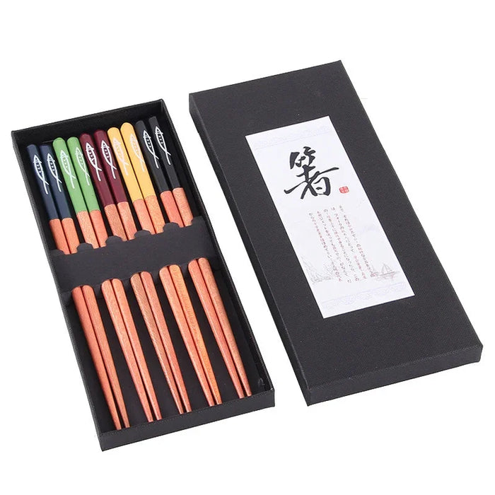 5 Pairs Wooden Chopsticks Set Non Slip Multi Colour Gift Box